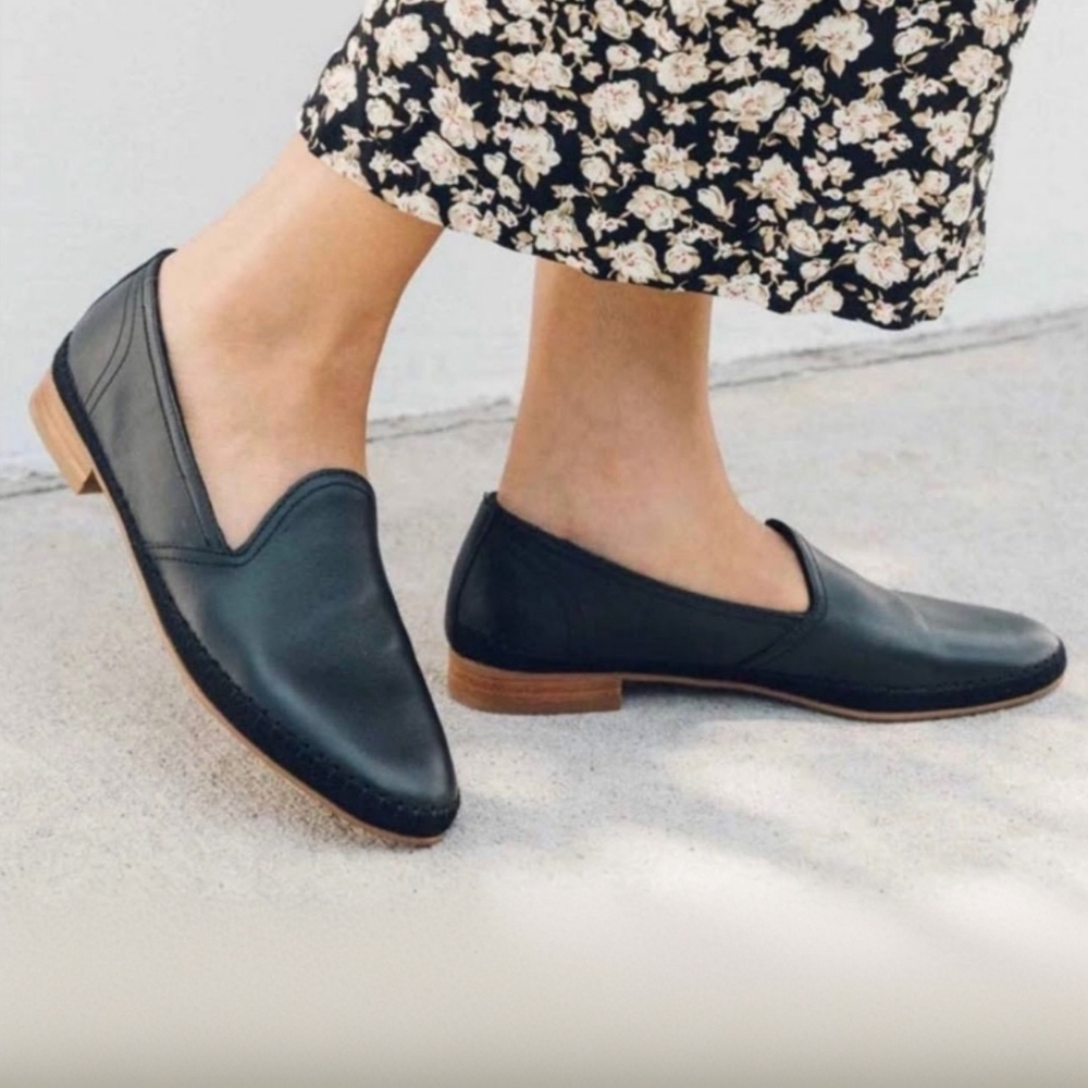 Soludos Womens Black Leather Venetian Loafers